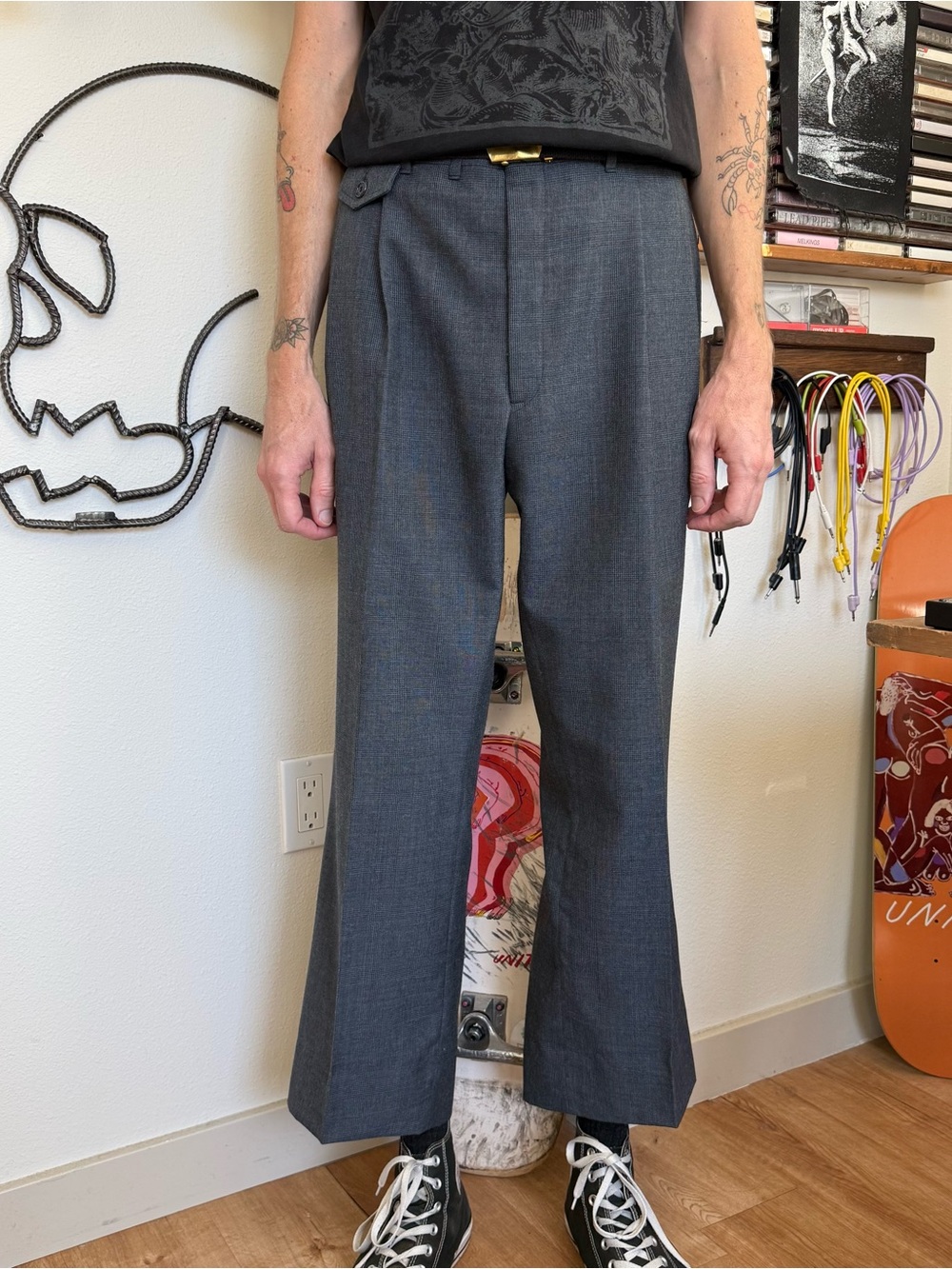 Vintage 60s Wool Gray Glen Plaid High Waisted Pleated Trousers ~ 34 x 28